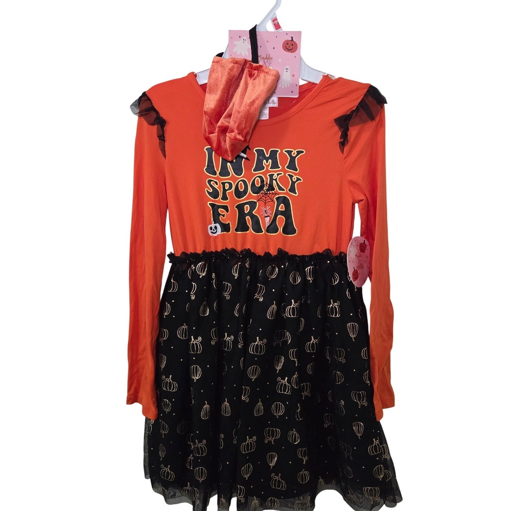 Maddie & Michelle Girls Size 10 Halloween Dress Orange Black Pumpkin Tulle